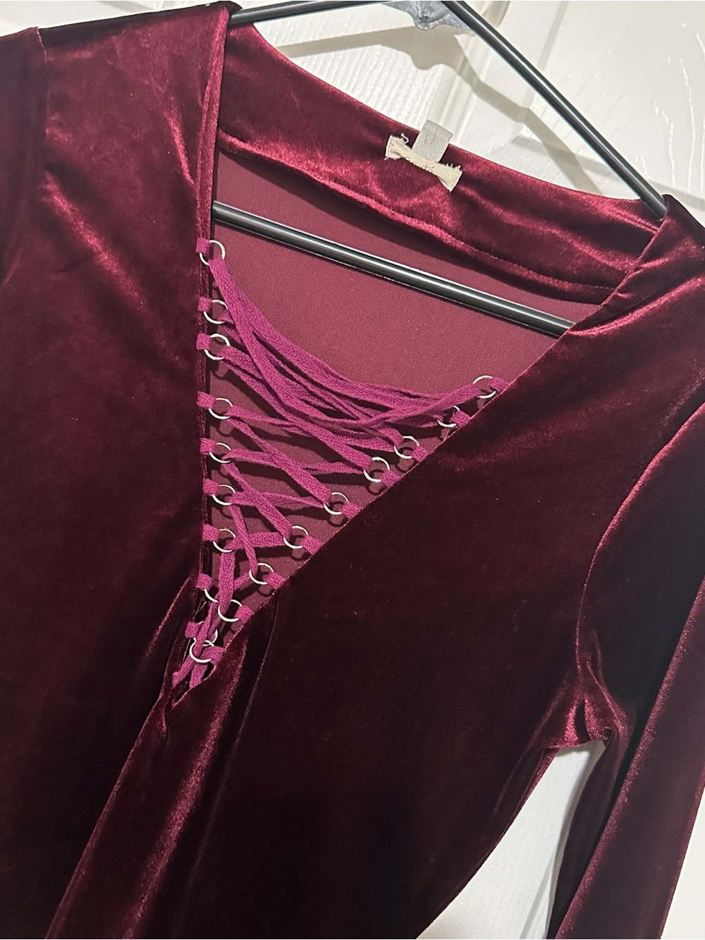 Urban Outfitters Velvet Lace-Up V-Neck Dress in Deep Burgundy